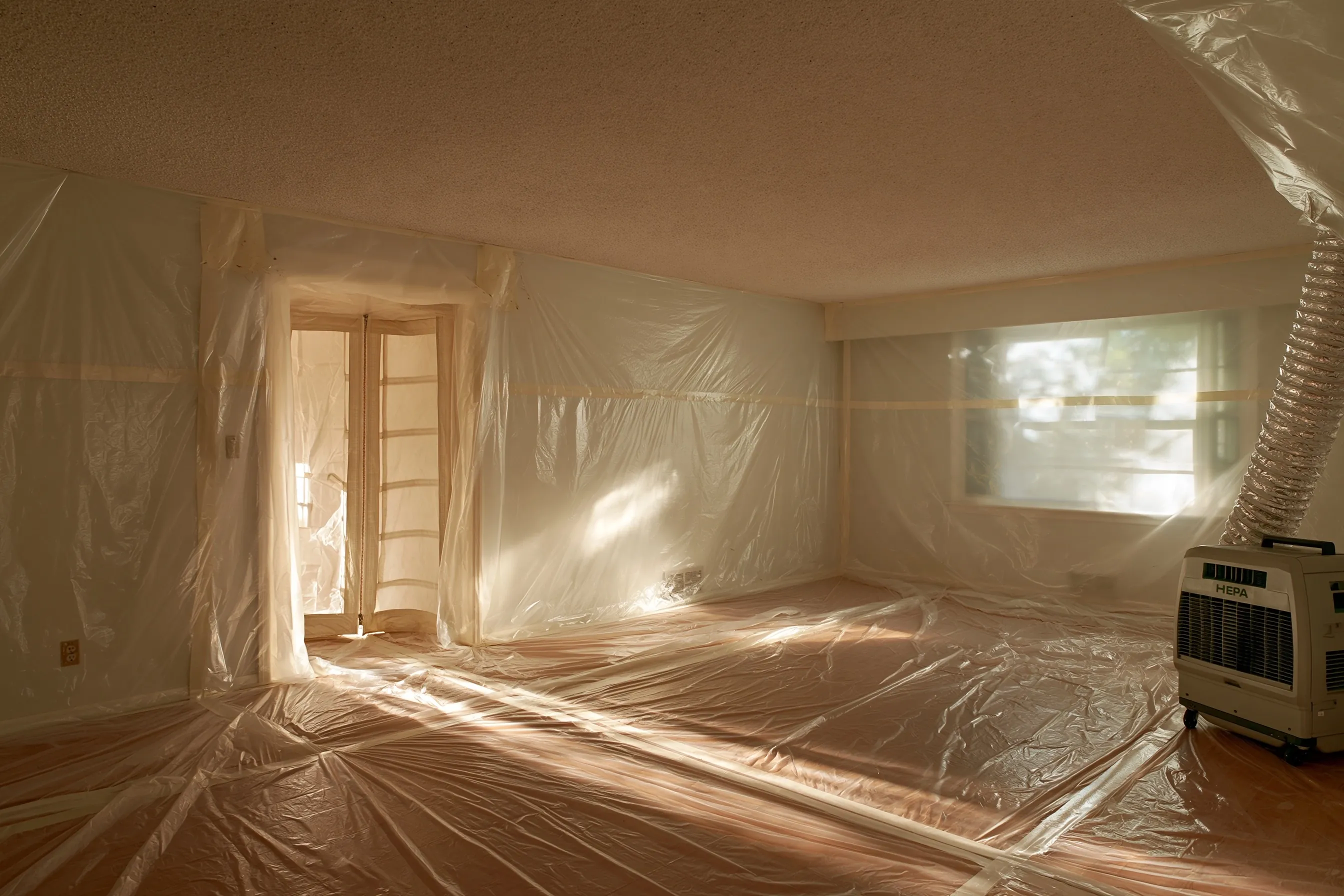 Textured popcorn ceiling in a 1970s living room, sealed off with plastic sheeting for abatement