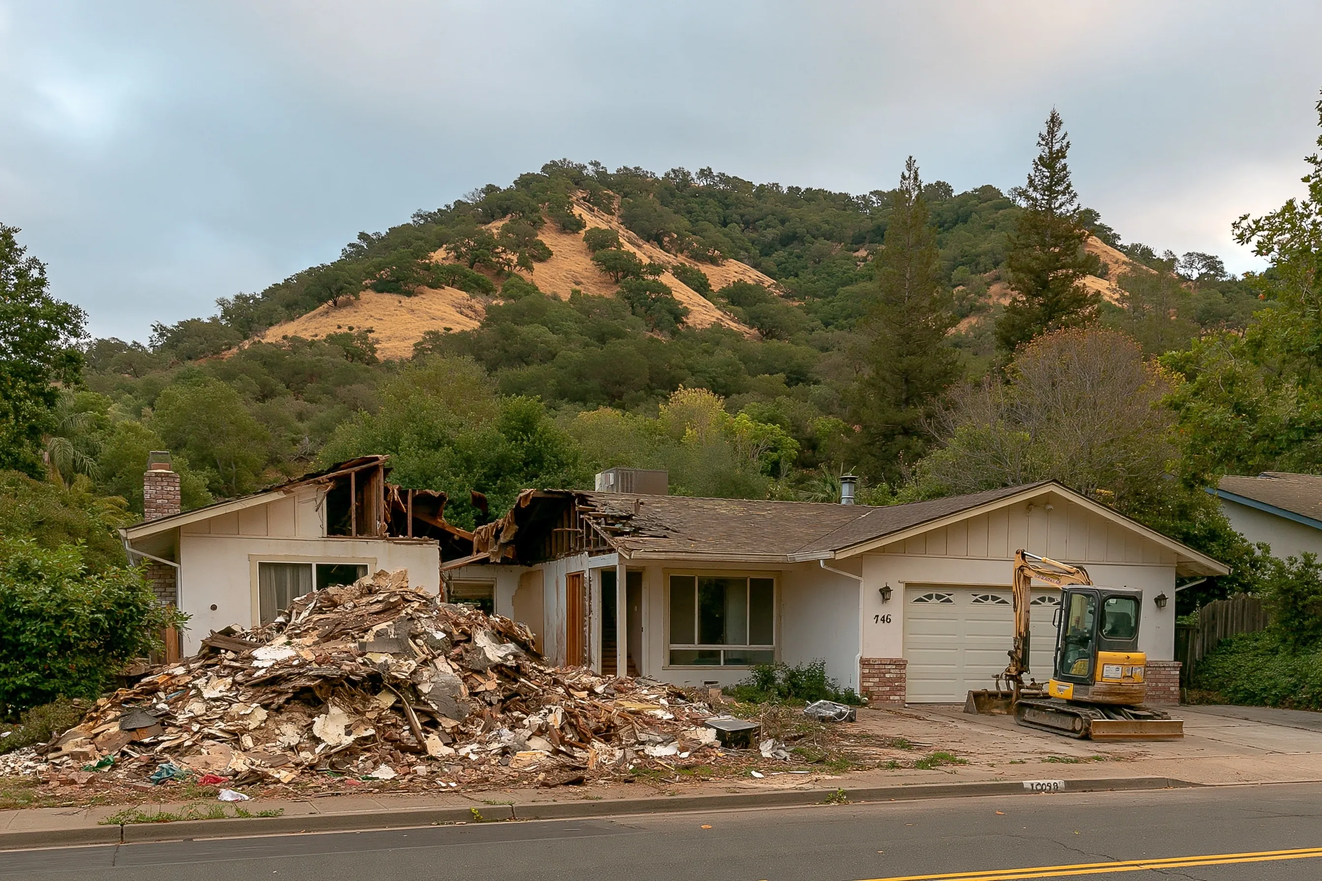 Single-story house with a two-car garage at the foot of a wooded hill, one wing torn down, a debris pile in the front yard and a small excavator in the driveway